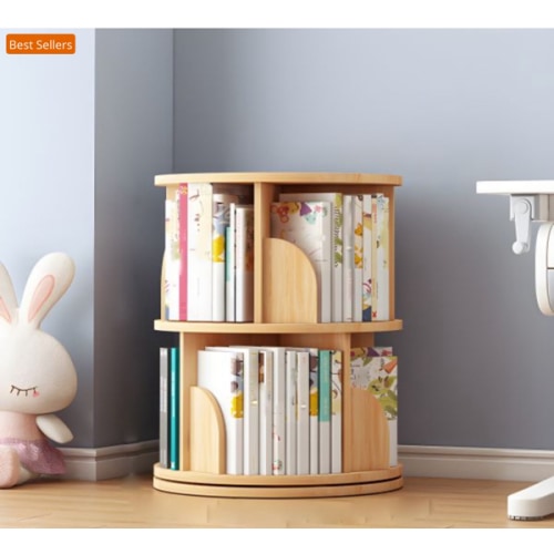 Round Rotatable Bookcase Wooden Open Storage Bookshelf for Home Office - Natural Finish 16"L x 16"W x 25.5"H