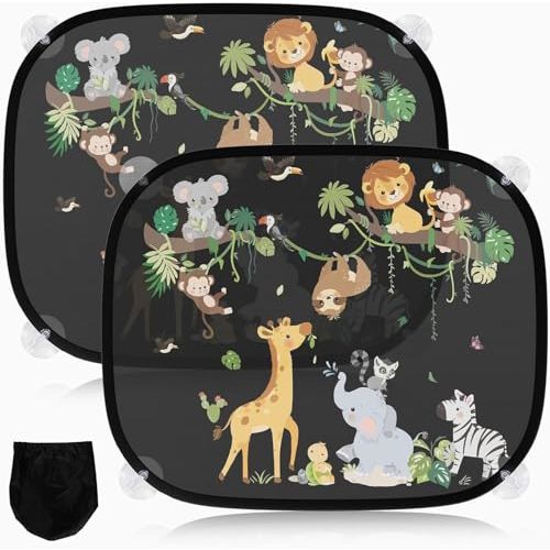 Car Window Sun Shade for Baby Children 2-Pack Jungle Anima 17.7x14.3 inch with 8 Suction Cups (Vine Animals) Safari Classroom on Wheels Exclusively Designed Cognitive Enlightenment Animal Atlas