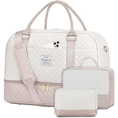 Travel Duffle Bag Weekender for Women: Travel Duffel Bag Carry-On Overnight Bag with Shoe Compartment & Wet Pocket Large Weekend Tote Bag with Toiletry Bags Gym Duffel Bag for Hospital Beige