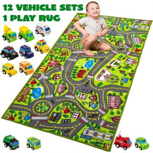 Joyfy Car Play Rug For Toddlers, City-themed Pretend Playmat With 12 Pcs Pull-back Vehicle Set For Kids Indoor Play, Fun Activities And Birthday Gift