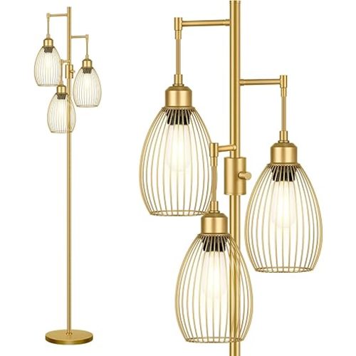 Dimmable Floor Lamp, 3 x 800LM LED Edison Bulbs Included, Farmhouse Industrial Floor Lamp Standing Tree Lamp with Elegant Teardrop Cage Head Tall Lamp for Living Room Bedroom Office Dining Room - Gold