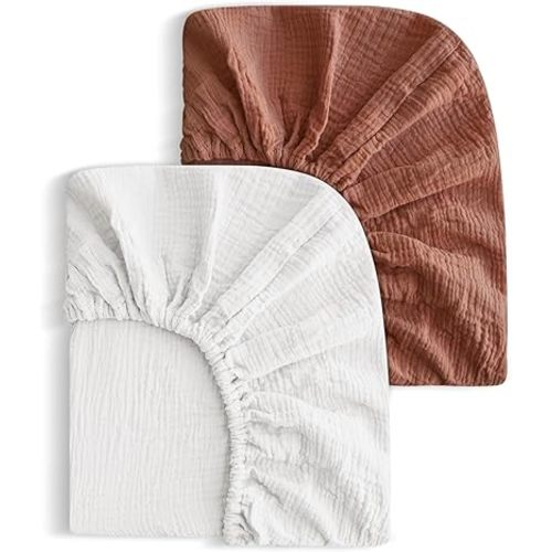 2 Pack Soft Muslin Baby Crib Sheets, 100% Cotton Breathable Double Layer Fitted Sheets for Standard Crib and Toddler Bed Mattresses 28x52 Inches, for Baby Girls and Boys (White & Brick