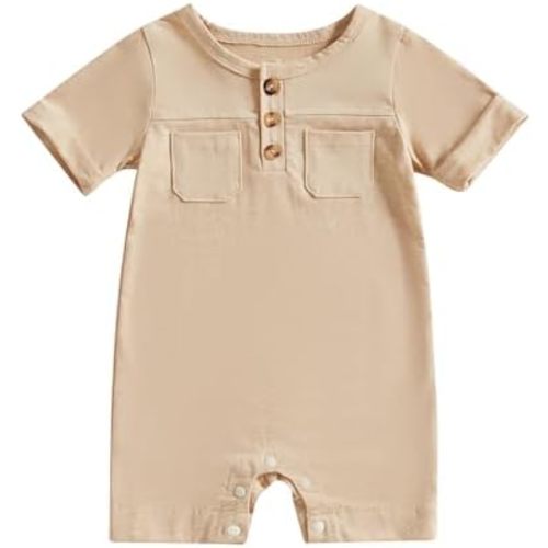 Newborn Baby Boy Summer Clothes Color Block Short Sleeve Rompers Button Jumpsuit One Piece Outfit Infant Clothing