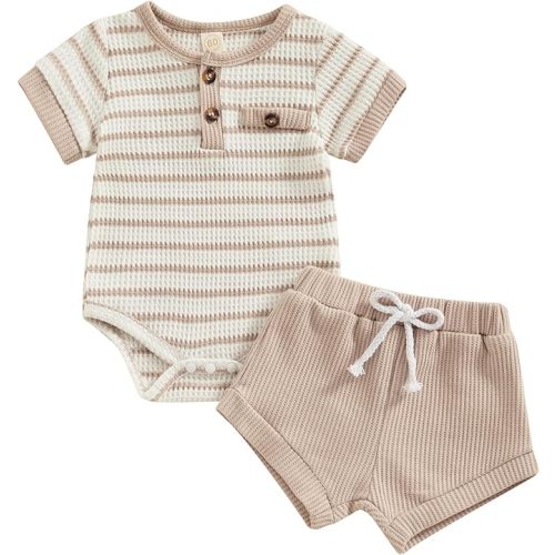 Kuriozud Newborn Baby Boy Summer Clothes Button Short Sleeve Romper Bodysuit Shorts Set Infant Soft Waffle Outfit