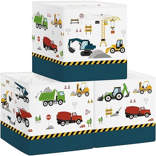 Clastyle Cars Kid Storage Cube Organizer Set Closet Clothes Cube Storage Bin Nursery Toddler Toy Box Chest Girl Boy Book Shelf Basket,Construction Vehicle,11.8x11.8x11.8 in