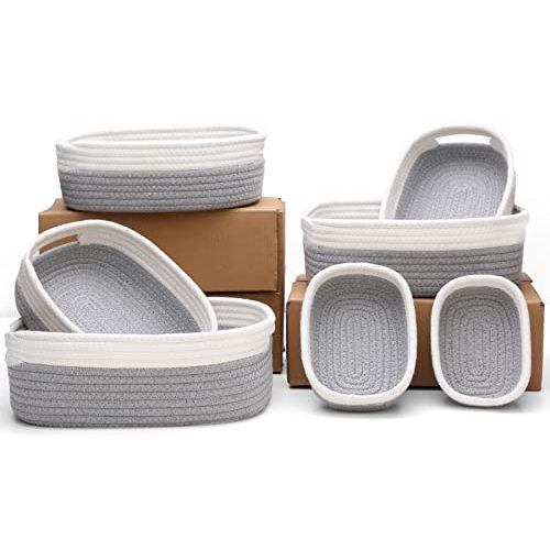 HLWDFLZ 7 Piece Cotton Rope Woven Basket Set - Small Basket for Baby Nursery, Pets, Montessori, Dog & Cat Toy Boxes, Bathroom Organization Bins (White/Gray)