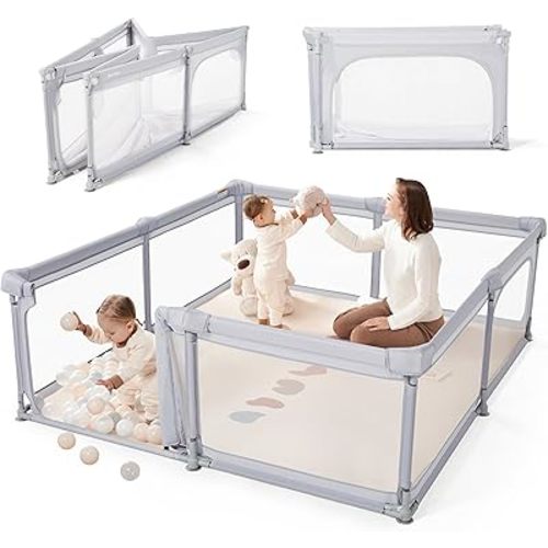 Sweeby Baby Playpen, 79x71 Inch Foldable Playpens for Babies and Toddlers with Gate, Extra Large Playpen with Door Play Yard for Baby Fence Indoor and Outdoor Portable Play Pen,LightGrey