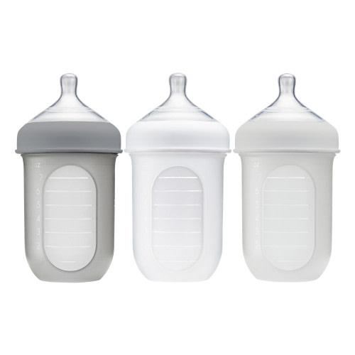 Boon Nursh Reusable Silicone Pouch Baby Bottle, Air-Free Feeding, Gray Multi Pack 8 Oz 3 Pk