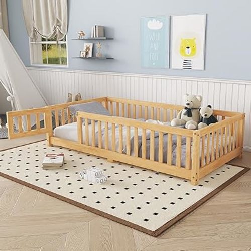 Twin Floor Bed with Slats and Center Support Bar, Twin Size Floor Bed with Fence and Door, Kids Montessori Beds Twin Size, Wood Montessori Beds for Kids, Girls, Boys, Natural