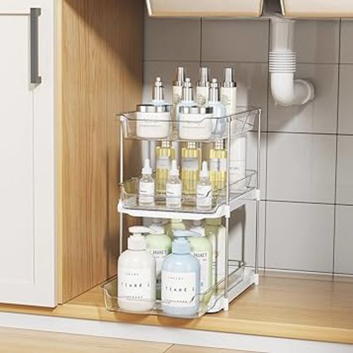 Delamu 3-Tier Multi-Purpose Bathroom Under Sink Organizers and Storage, Stackable Clear Pantry Organization and Storage, Pull Out Kitchen Cabinet Organizer with Movable Dividers