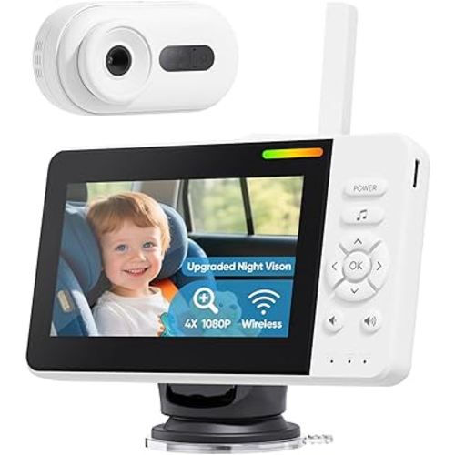 Wireless Baby Car Camera with Upgraded Auto Night Vision, 1080P HD Car Baby Monitor with 360° Adjustable, Easy Install Rear Facing Carseat Mirror, Newborns Travel Essentials Gifts - White