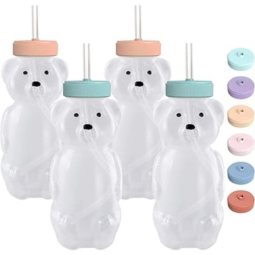Honey Bear Straw Cups for Babies 4 pack, 8oz straw bear cup with improved safety lid design, honey bear cup and honey bear bottle. Straw learning therapy cup. Leak-Proof & Food-Grade & BPA Free
