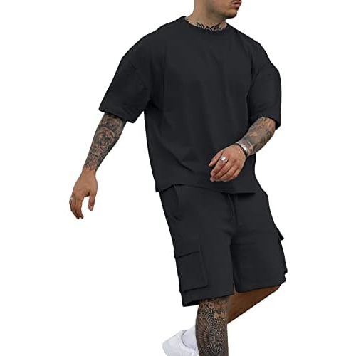 YawYews Men's 2 Piece Outfits Casual Tracksuit Cargo Shorts Summer Athletic Drop Shoulder Sleeve Sportwear Set