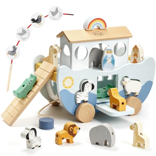 Joyreal Wooden Noah's Ark Toy for 1 Year Old Baby Boy and Girl Baptism Gift | Neutral Color, Montessori Educational Toy, Animal Shape Sorter, Christian Toys for Toddler 1-3, Christmas Birthday Gift