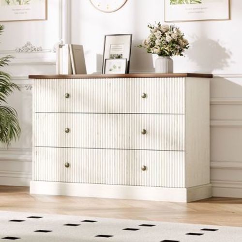 6 Drawer Dresser for Bedroom, Fluted Horizontal Chest of Drawers, 47" Wide Wood Dresser with Metal Handles, Modern Storage Dresser, White & Brown