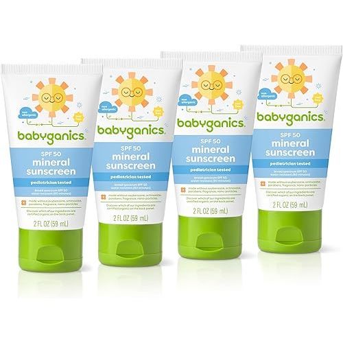 Babyganics SPF 50 Travel Size All Mineral Baby Sunscreen Lotion | UVA UVB Protection | Water Resistant, 2 Fl Oz (Pack of 4) Packaging May Vary
