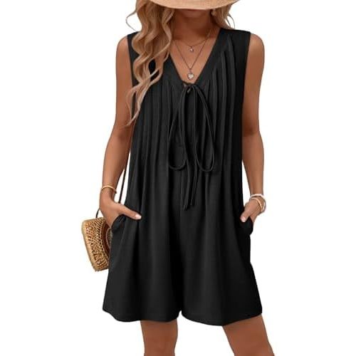 AlvaQ Womens Rompers Summer Loose Sleeveless Pleated Tie Front V Neck Shorts Jumpsuits with Pockets