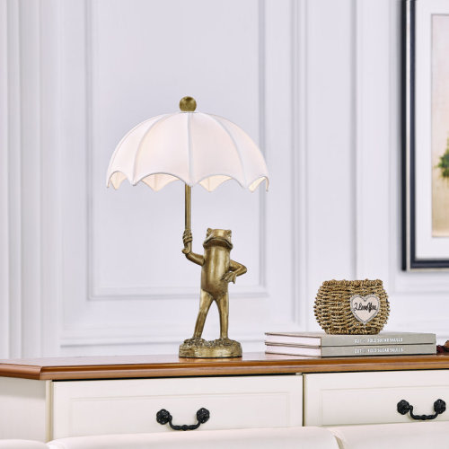 Mercer41 23" Bronze Resin Frog Table Lamp With Linen Umbrella Shade & Reviews | Wayfair