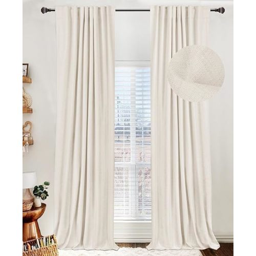 100% Blackout Shield Linen Blackout Curtains for Bedroom 84 Inches Long,Back Tab/Rod Pocket Living Room Drapes,Thermal Insulated Textured Blackout Curtains 2 Panels Set,50" W x 84" L,Beige White