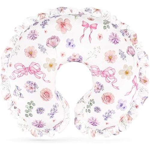 Pea Pod Nursing Pillow Cover, Removable Stretchy Ruffled Pillowcase for Breastfeeding Pillows, Ultra Soft Breathable Pillow Slipcover for Baby Girls and Boys, Compatible with Boppy Pillow, Floral Bows