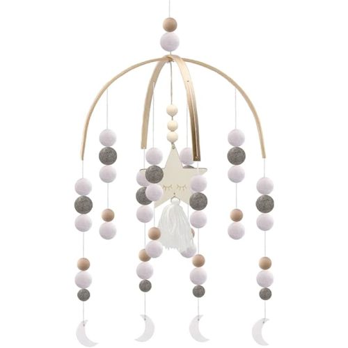 Boho Baby Mobile - Neutral Crib Mobile, Wooden Ceiling Mobile, Felt Nursery Mobile Handmade for Kids Room Decor (Gray-Moon)
