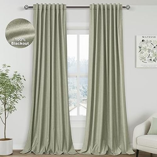 Sage Green Linen 100% Black Out Curtains 108 Inches Long 2 Panels Set for Bedroom Boho Farmhouse Back Tab Thermal Insulated Energy Efficient Curtains Living Room High Ceiling Length 9 FT 52x108