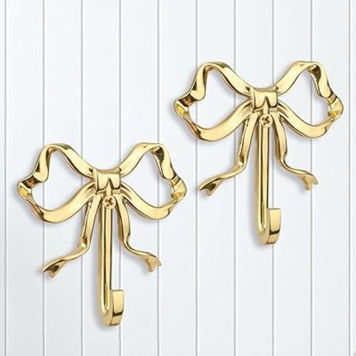 2pcs Bow Knot Hooks Brass, 2.6x2.6 Inch Cute Butterfly Wall Hooks Decorative Gold Coat Holder Wall Mount Purse Hanger Valentine's Decor for Living Room Bathroom Bedroom Shower Curtain