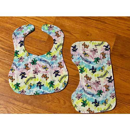 Dancing bears baby bib, dead head baby bib, dancing bears burp cloth, bib and burp cloth, grateful dead baby, rainbow baby bib, hippie baby