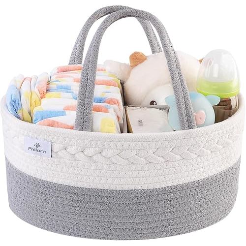 PHILORN Diaper Caddy Organizer, Cotton Rope Diaper Caddy Basket, Woven Diaper Caddy with Dividers, Nursery Storage Basket for Changing Table, Car Diaper Caddy, Baby Shower Gifts