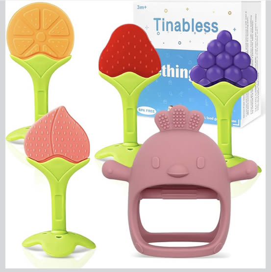 Baby Teething Toys (5 Pack) - Tinabless Infant Teething Keys&Silicone Teething Mitten Set for Babies Over 3 Months, Anti Dropping Baby Chew Toys for Sucking Needs, BPA Free(Coral Red)