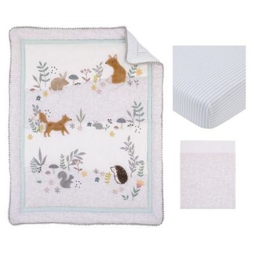 Nojo Woodland Gray, Sage, Tan, And White 3 Piece Nursery Crib Bedding Set - Comforter, Fitted Crib Sheet, And Crib Skirt