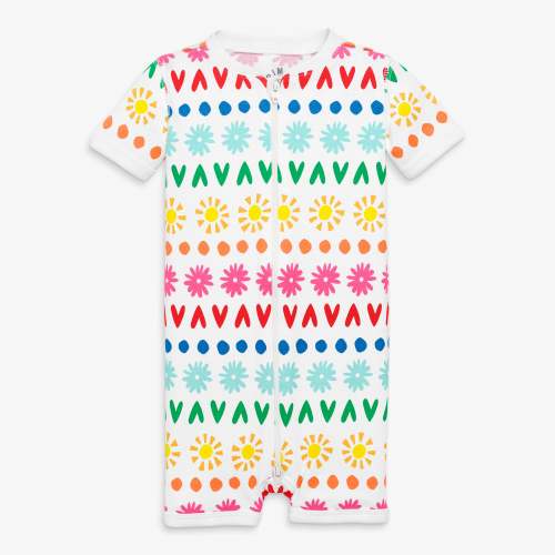 Clearance baby organic short sleeve zip romper in rainbow garden - White / rainbow / 6-9