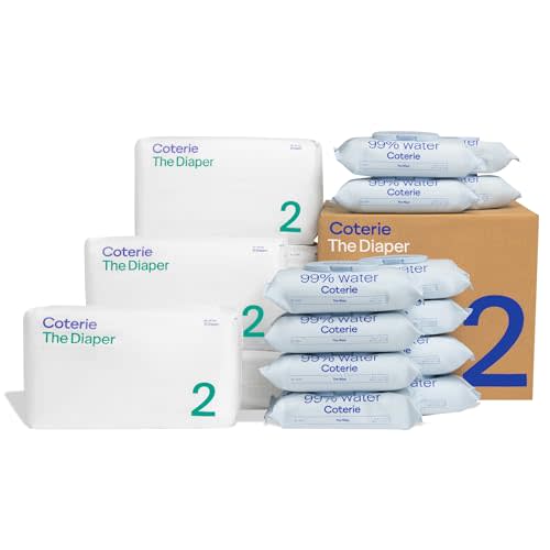 Coterie Baby Wipes + Diapers Kit, Size 2 Diapers (186 Count) & 12 Pack (672 Count) Baby Wipes with 99% Water, Plant Based Materials, Hypoallergenic for Sensitive Skin