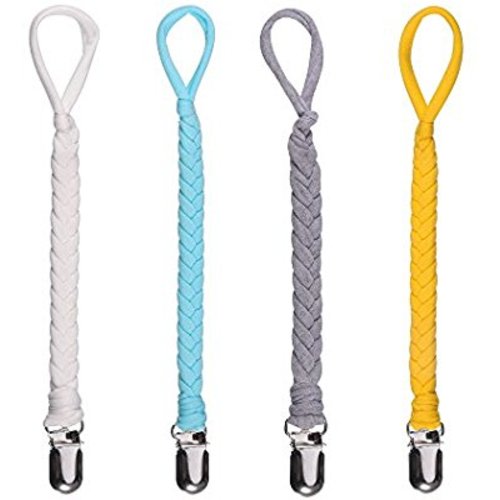 HAUTOCO Pacifier Clip for Boys and Girls, 4 Pack Universal Braided Pacifier Holder Leash Teething Ring for All Pacifiers, Baby Teething Toys, Drool Bibs and Blankets - gray, yellow, white, blue