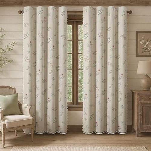 Boho Floral 100% Blackout Curtains 90 Inch 2 Panels Linen Texture