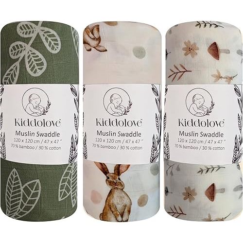 Muslin Swaddle Blankets for Newborns – 3 Pack Soft Baby Blankets for Boys and Girls – Breathable and Gentle – Large 47x47 Inches – Forest – Essentials for Baby Shower, Infant Care