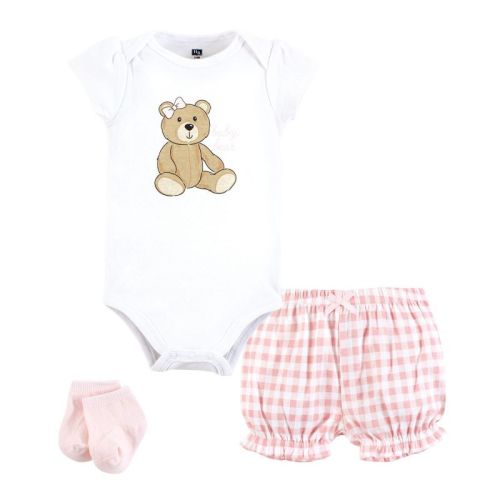 Hudson Baby Infant Girls Bodysuit, Short and Sock, Pink Teddy Bear, 9-12 Months