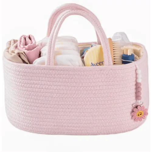Baby Diaper Caddy Organizer for Girl Boy Rope Nursery Storage Bin Basket Portable Holder Tote Bag for Changing Table Car Travel Baby Shower Gifts Newborn Essentials Registry Must Have Items Pink