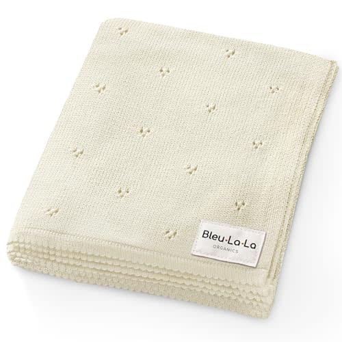 Bleu La La Organic Unisex Pointelle Receiving Swaddle Blanket for Boys & Girls - 100% Luxury Organic Soft Cotton Knit Warm Cuddle Stroller Crib Blanket for Newborns, Infants, & Toddlers (Butter Cream)