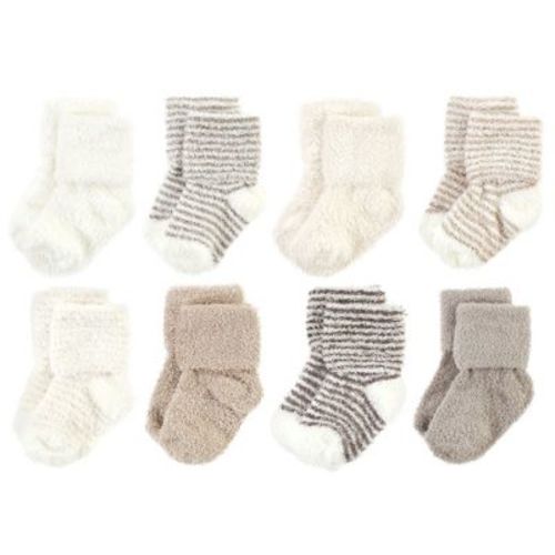Hudson Baby Cozy Chenille Newborn And Terry Socks, Beige Stripe 8 Pack, 0-6 Months