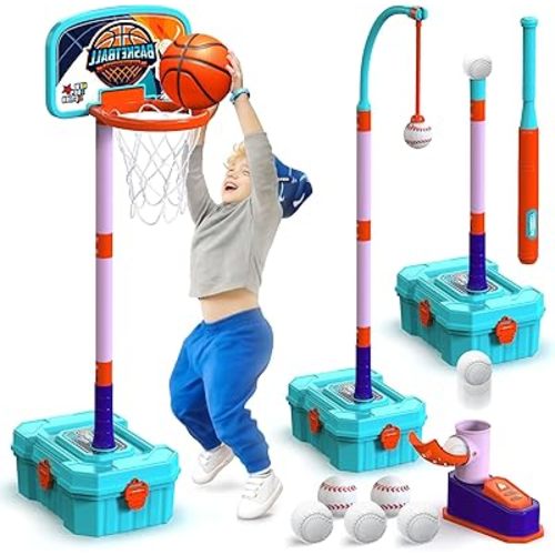 Kids Basketball Hoop and T-Ball Set for Kids 3-5, 4 Adjustable Toddler Basketball Hoop Indoor Outdoor Kids Toys Birthday Gift for Boys Girls