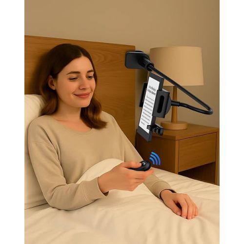Kindle Holder with Remote Page Turner - Read in Bed Without Blocking Text or Adjusting Margins - Reduce Neck Strain - Quiet Page Turning for Kindle, iPad, iPhone