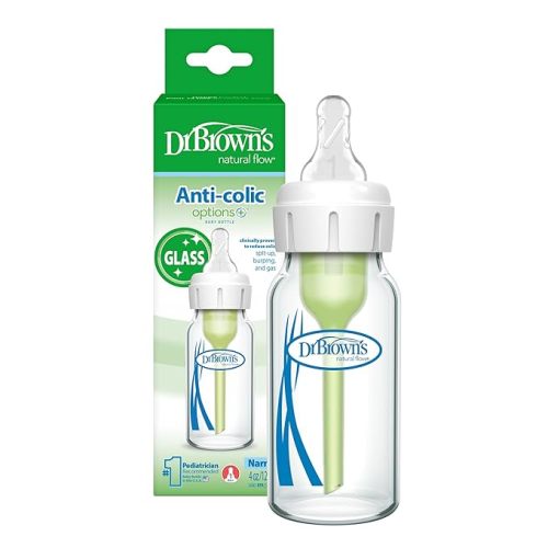 Dr. Brown's Anti-Colic Options+ Narrow Glass Baby Bottle Starter Set with Level 1, 2, and 3 Nipples, Silicone Sleeves, Soft-Touch Brush, Travel Caps, and HappyPaci, 0m+ (Packaging May Vary)