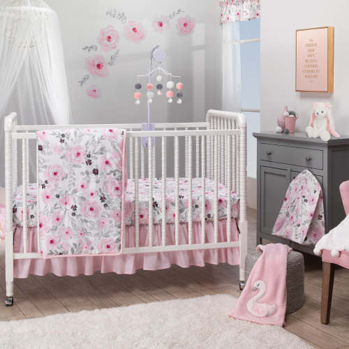 Blossom Pink Watercolor Floral 3-Piece Baby Crib Bedding Set – Lambs & Ivy