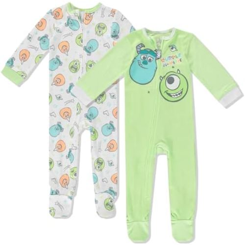 Disney Baby Onesies 2 Pack Zip-Up Sleeper - Winnie The Pooh, Monsters Inc, Dumbo, Bambi - Newborn Girls & Baby Boy's Pajamas