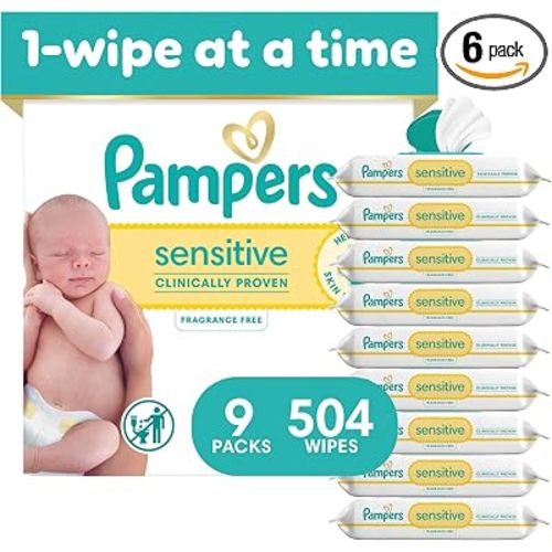 Pampers Sensitive Baby Wipes, Clinically Proven, Fragrance Free, Unscented, Water Based, Hypoallergenic, Multi-Use, Hand Wipes 504 Wipes Total (6X Flip-Top Packs) [Packaging May Vary]