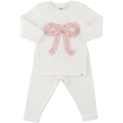 Ruffle Knit Baby Pink Bow Applique Long Sleeve Two Piece Set, 3-6M