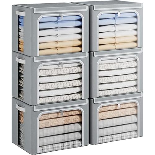 Yecaye Clothes Storage Bins with Metal Frame, Foldable Clothing Storage Bin with Lid, Stackable Oxford Fabric Organizer Box With Clear Window & Zippers & PU Leather Handles (6 Pack,Grey,40L)