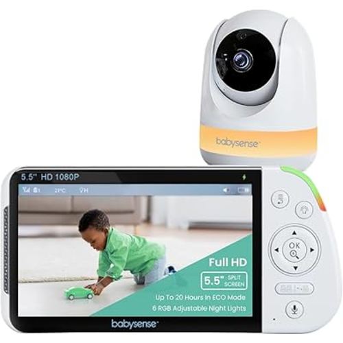 Babysense 5.5” 1080p Full HD Split-Screen Baby Monitor, Video Baby Monitor with Camera and Audio, PTZ Camera, RGB Night Light, 1000ft Range, Two-Way Audio, 4X Zoom, 5000mAh Battery