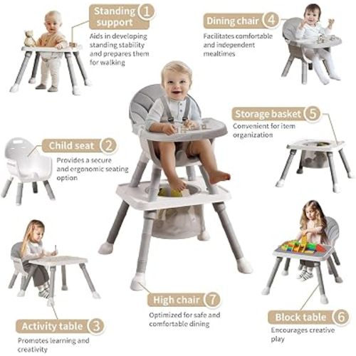 UNICOO 7 in 1 Convertible Baby High Chair, Toddler Highchair Converts to Activity Table and Chair Set, Removable Double Tray, 5-Point Harness, Storage Basket, Building Block Tabletop (Grey)